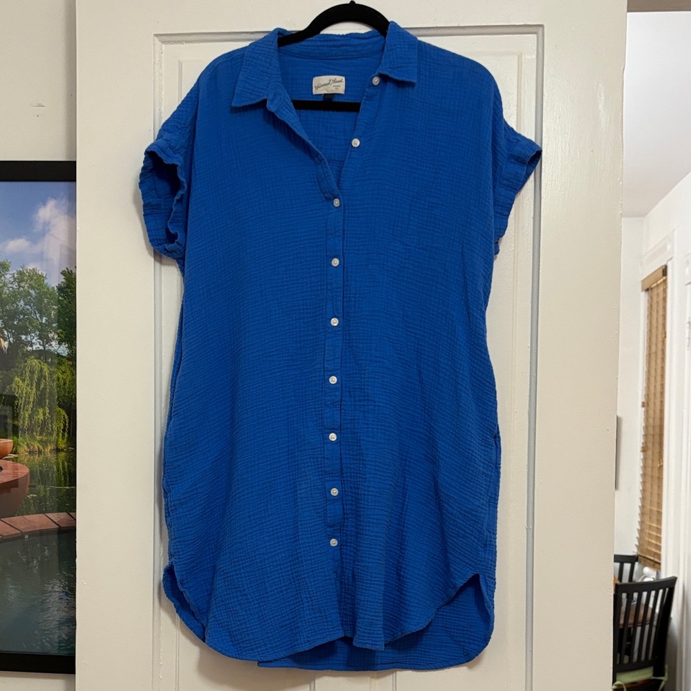 Blue Button-Up Shirt Dress with Pockets